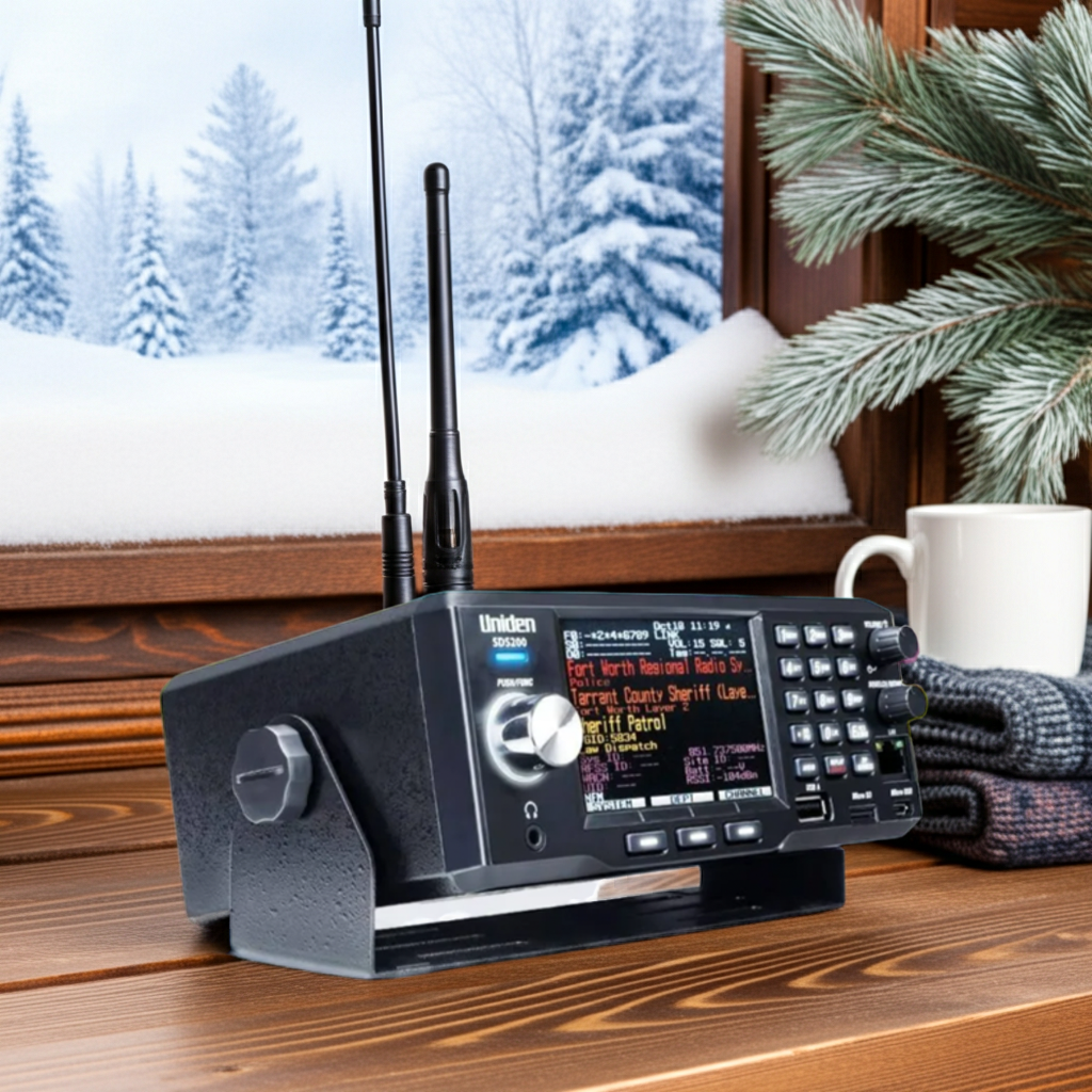 "Uniden SDS200E scanner on sleek desk with laptop, USB analyzer, and coiled antenna cables in ambient blue lighting"