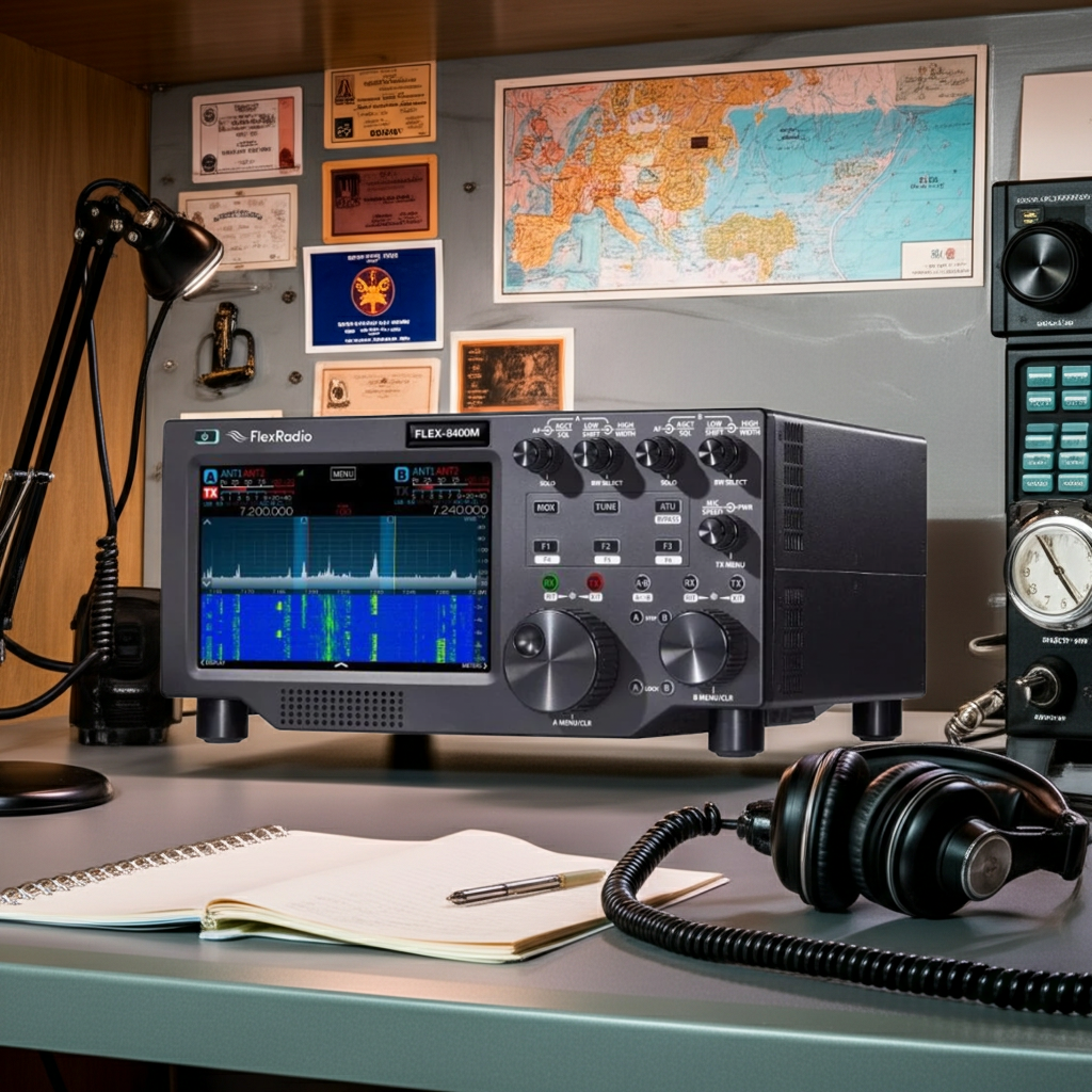 High-performance FlexRadio software defined HF transceiver on operator desk