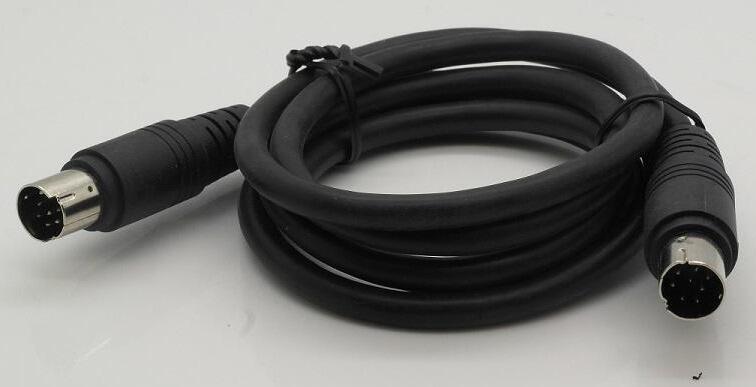 Black 5‑pin DIN male‑to‑male cable coiled neatly with connectors visible on white background