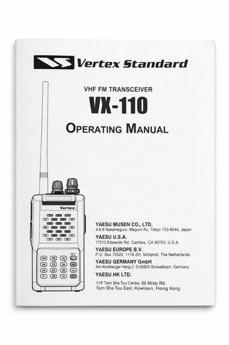 Yaesu VX-110 Operating Manual cover showing VHF FM transceiver illustration, Radioworld UK