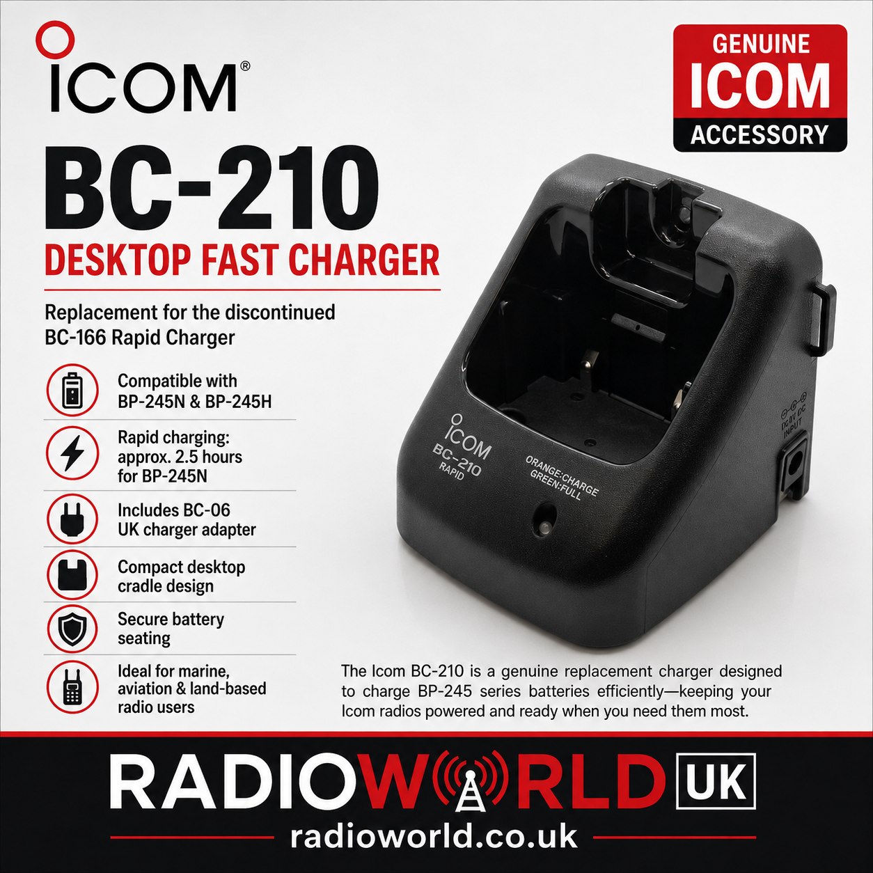 Icom BC‑210 desktop fast charger with UK BC‑06 adapter for IC‑M73 marine radios – Radioworld UK