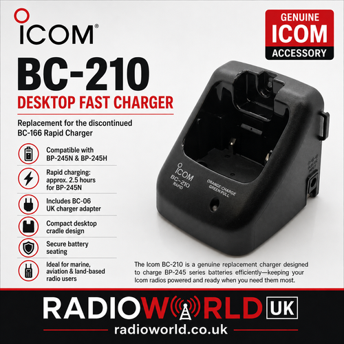 Icom BC‑210 desktop fast charger with UK BC‑06 adapter for IC‑M73 marine radios – Radioworld UK