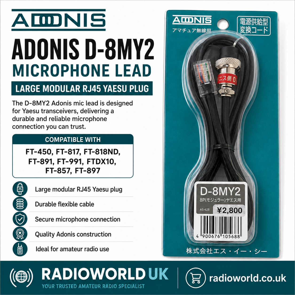"Adonis D‑8MY2 Yaesu RJ45 microphone lead for FT‑450, FT‑817, FT‑818ND, FT‑891, FT‑991, FTDX10, FT‑857 and FT‑897 radios"