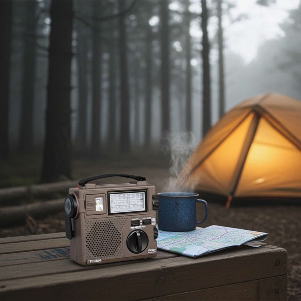 Multi-band Tecsun GR-88P radio with dynamic speaker and LED light in outdoor scene