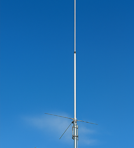 Diamond X-510N high-gain dual-band vertical antenna mounted on terracotta-tiled house roof for 2m and 70cm amateur radio use