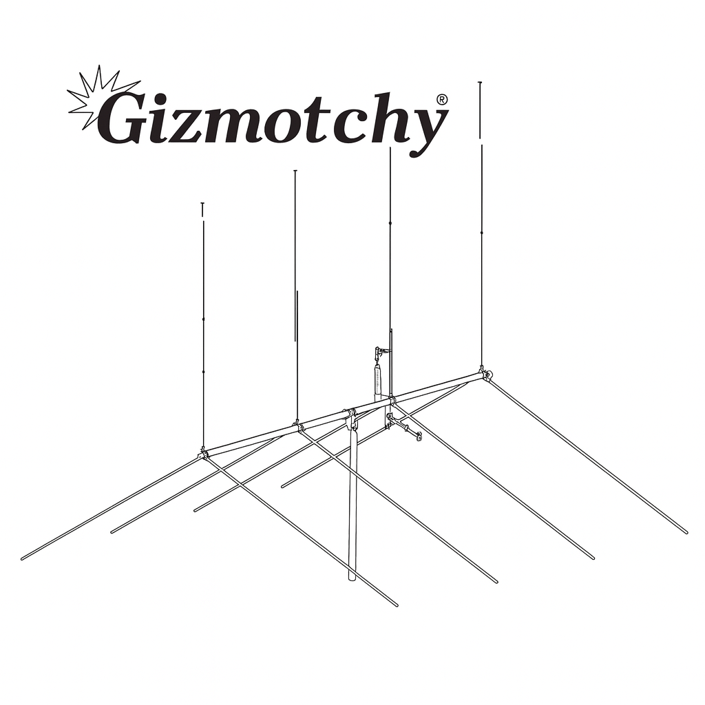 Gizmotchy 3-element beam antenna with 389 cm boom, 15 dB gain, dual feed lines, and 135 Km/h wind survival