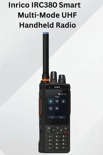 Inrico IRC380 Smart Multi‑Mode UHF Handheld Radio with dual‑PTT, display screen, and keypad against modern geometric background – Radioworld UK