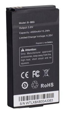 Inrico B‑80H replacement battery for S100 network radio with printed specs and CE markings