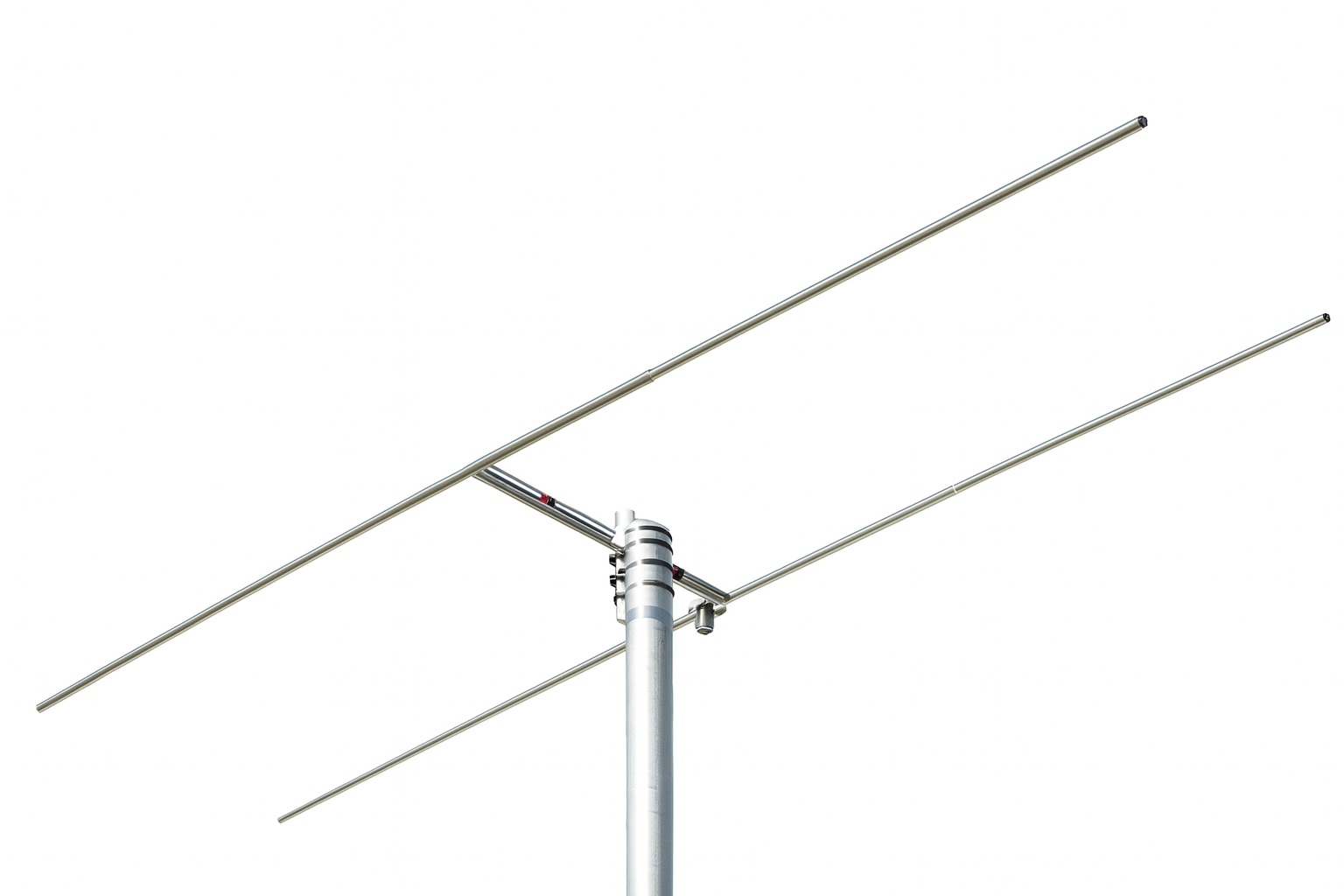 HB9CV 144MHz directional antenna with dual elements and 26 cm boom, mounted on mast, isolated on white background