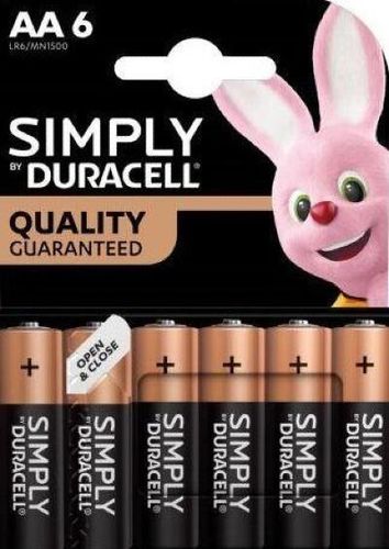 Simply Duracell AA alkaline batteries 6 pack for everyday low to moderate‑drain devices