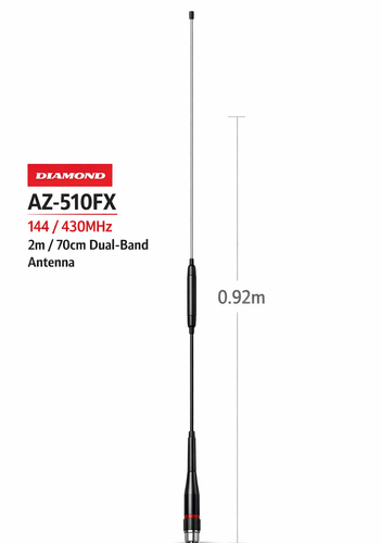 Diamond AZ‑510FX 144/430MHz 2m/70cm dual‑band black whip antenna, 0.92m length, front view.