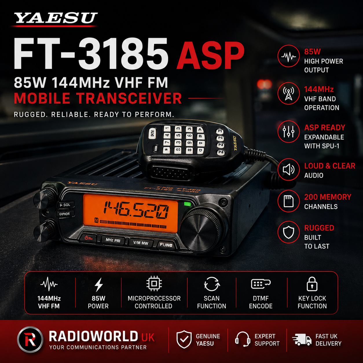 Yaesu FT‑3185 ASP 85W VHF FM mobile transceiver front panel – Radioworld UK