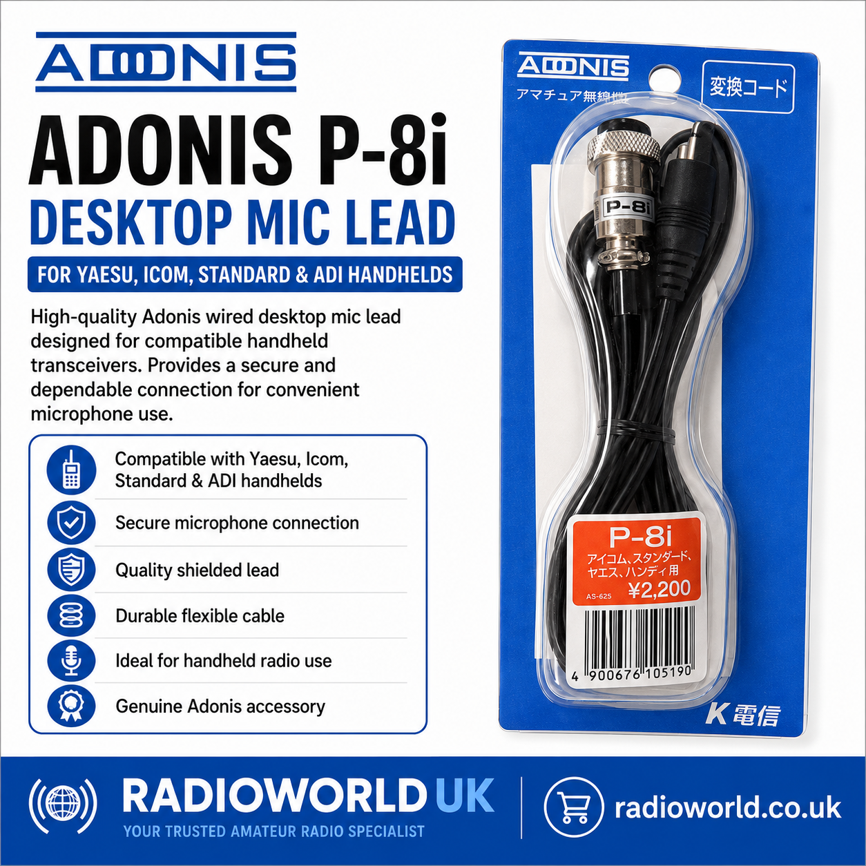 "Adonis P‑8i microphone lead wired for Yaesu, Icom, Standard and ADI handheld radios"