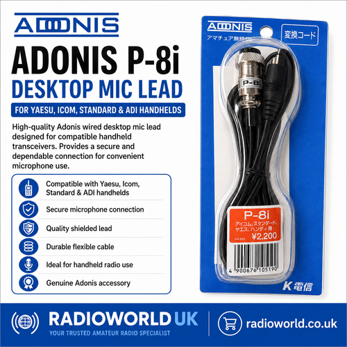 "Adonis P‑8i microphone lead wired for Yaesu, Icom, Standard and ADI handheld radios"