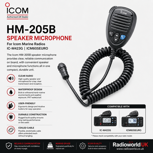 Icom HM‑205B Waterproof Speaker Microphone for IC‑M423G Marine Radio