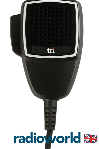 TTI handheld dynamic microphone with push-to-talk button and Radioworld UK branding