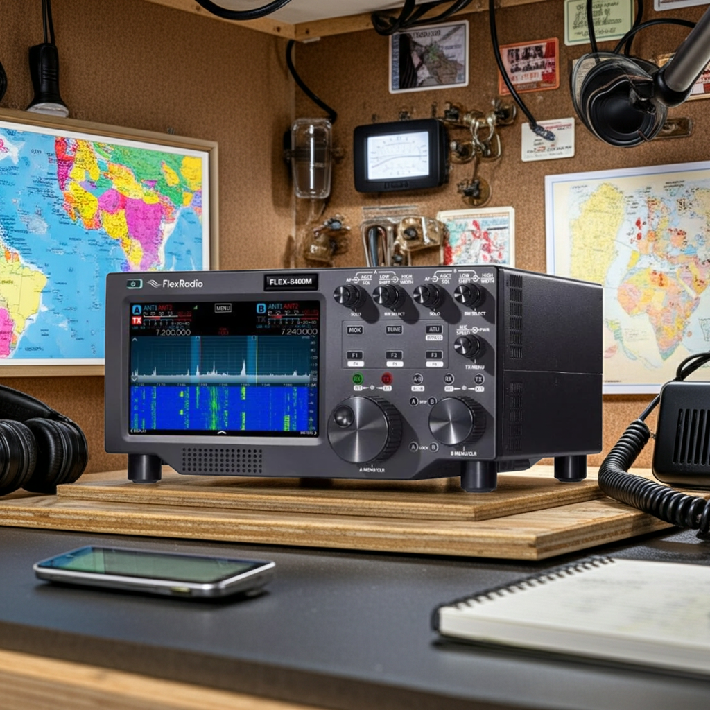 Modern FlexRadio SDR equipment in radio shack with microphone and accessories