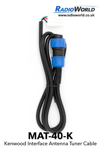 MAT‑40‑K Kenwood interface antenna tuner cable with blue locking connector and white multi‑wire plug, coiled neatly on a white background.