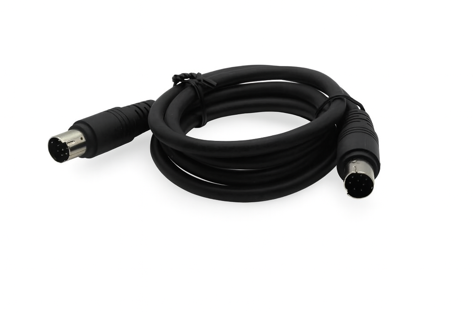 Black 5‑pin DIN male‑to‑male cable coiled neatly with connectors visible on white background