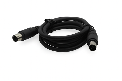 Black 5‑pin DIN male‑to‑male cable coiled neatly with connectors visible on white background