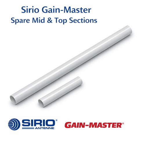 Sirio Gain‑Master Spare Mid & Top Sections – Genuine white fiberglass antenna parts with chrome ends removed, shown on white background with Sirio and Gain‑Master logos