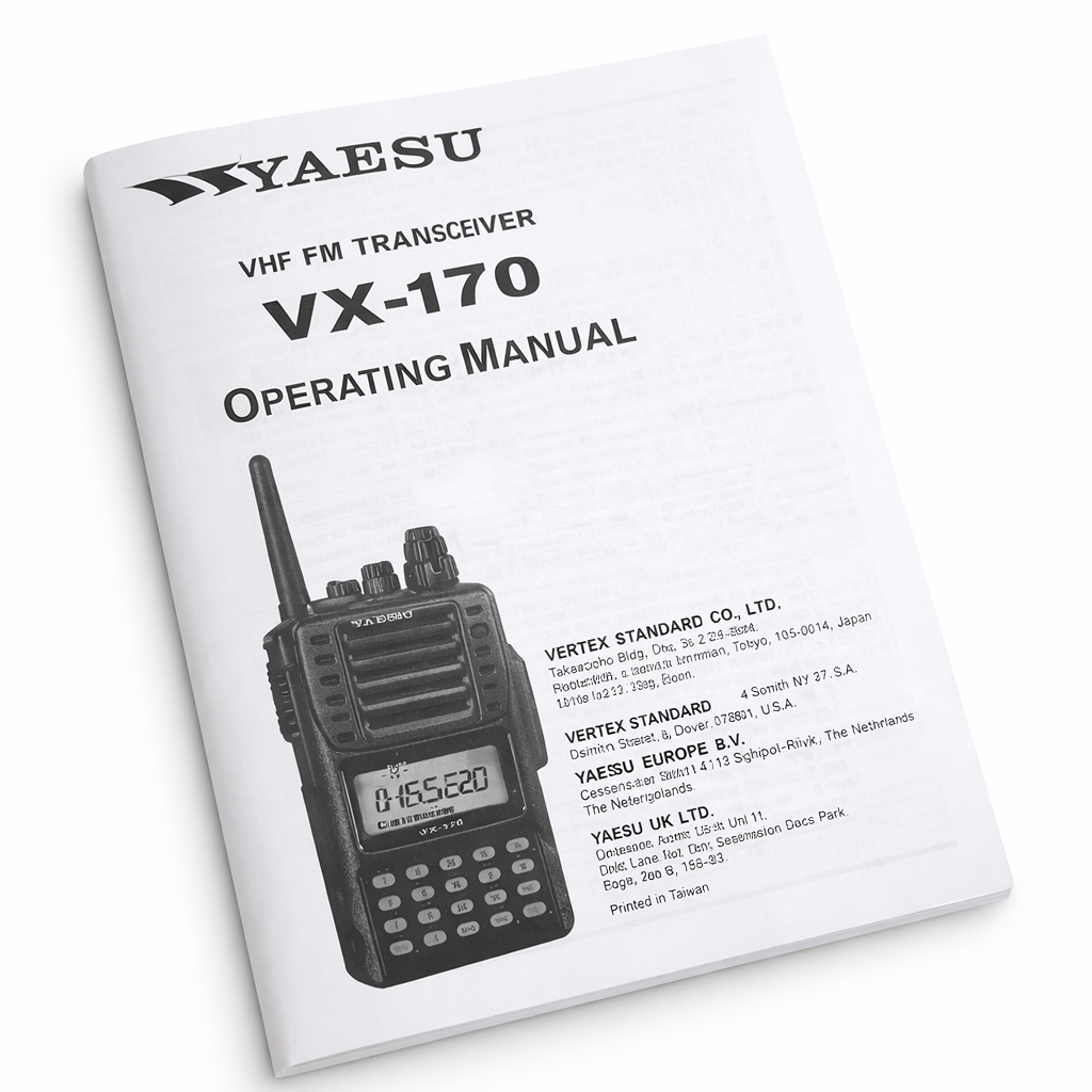 Yaesu VX-170 VHF FM transceiver operating manual with radio illustration on cover