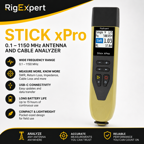 RigExpert Stick XPro handheld RF analyzer showing display screen