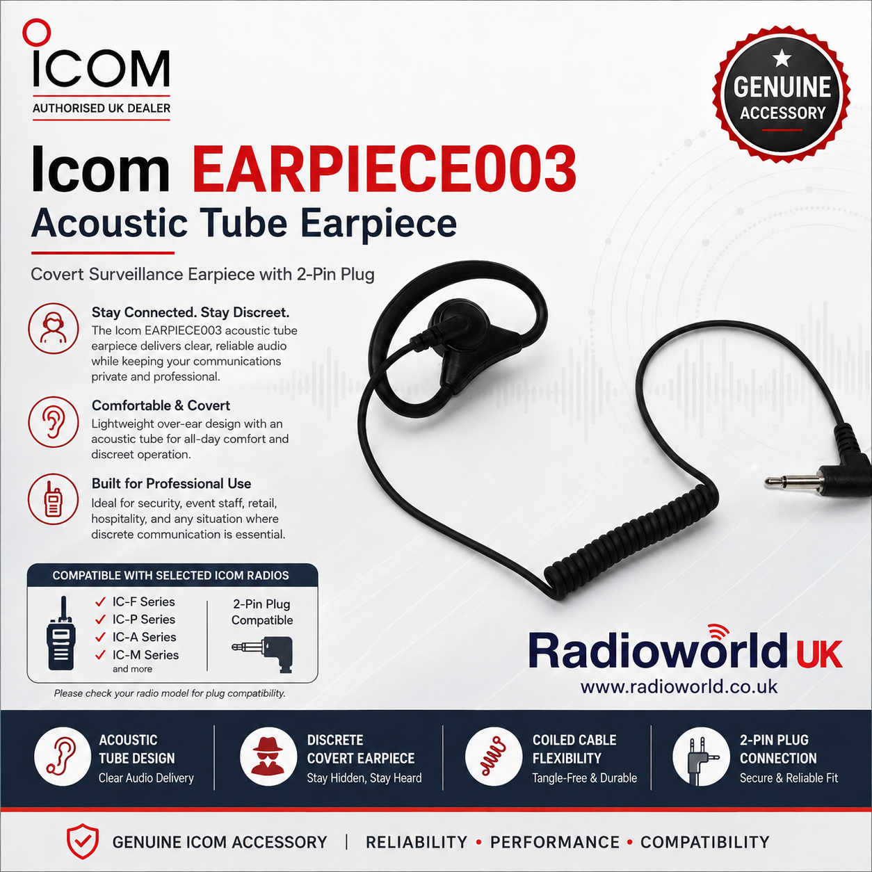 Icom EARPIECE003 Acoustic Tube Earpiece – Covert Surveillance Earpiece with 2-Pin Plug