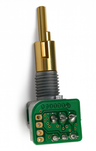 "Yaesu FT-857 AF/Squelch potentiometer CS2592101 – gold shaft, threaded collar, and green PCB with solder pads"