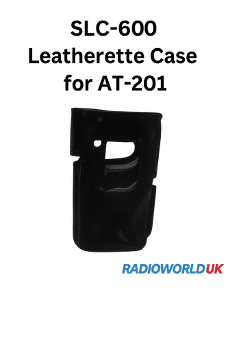 SLC-600S leatherette case – black synthetic protective cover with cutouts for display and controls, compatible with ADI AT-201, AT-400, and AT-600 radios, shown on white background with Radioworld UK branding