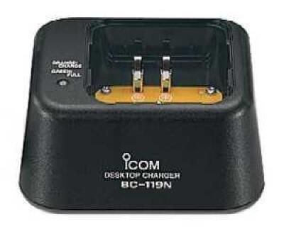"Icom BC-119N desktop charger for handheld radios – fast charging with adapter slot"