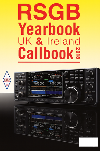 "RSGB Yearbook UK and Ireland Callbook 2018 book cover with amateur radio transceiver and bold red title text"