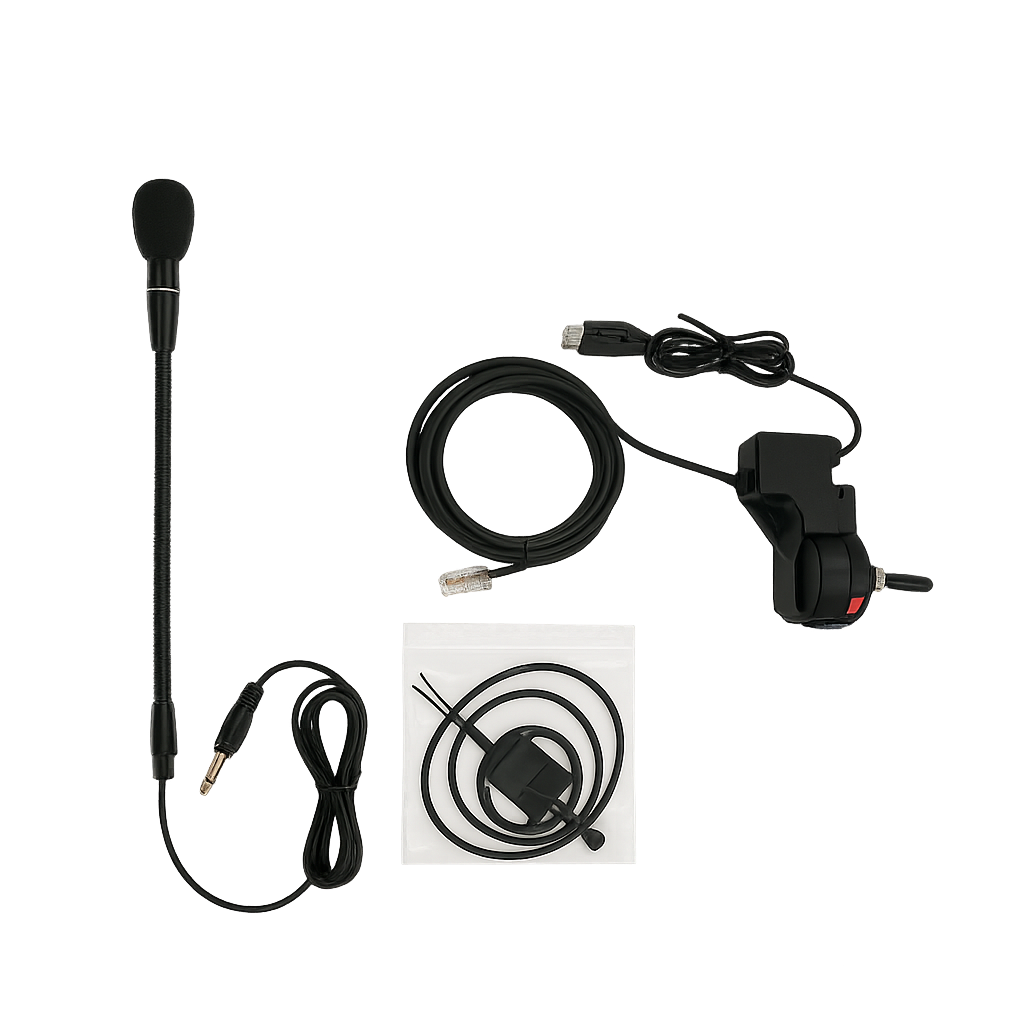 “MyDEL mobile safety microphone with gooseneck boom, PTT switch box and coiled lead for Icom, Yaesu and Kenwood radios”