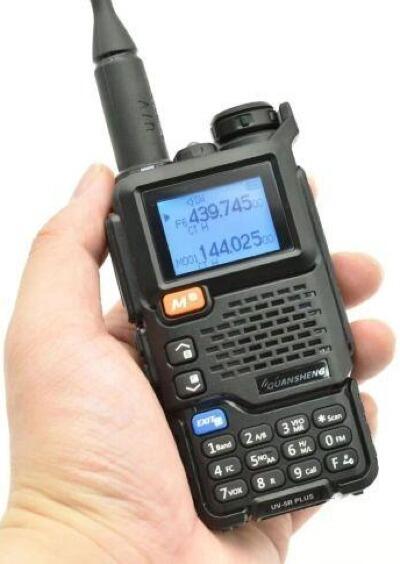 Front view of QUANSHENG UV‑5R Plus radio showing antenna, screen, and buttons – Radioworld UK