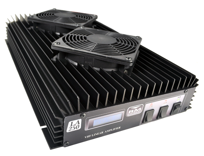Radioworld UK image of RM LA‑250V 200W VHF amplifier with copper heat spreader and cooling fans