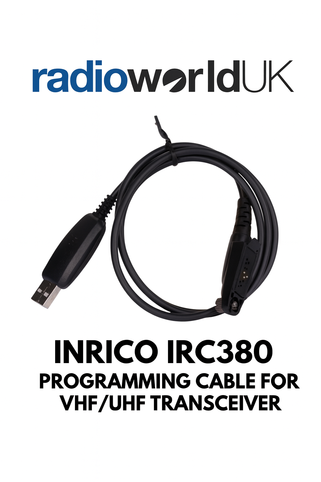 Inrico IRC380 programming cable with USB and multi‑pin transceiver connectors.