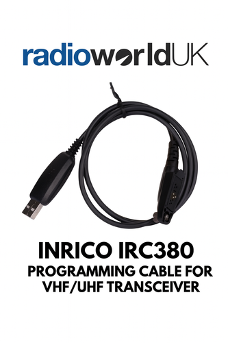 Inrico IRC380 programming cable with USB and multi‑pin transceiver connectors.