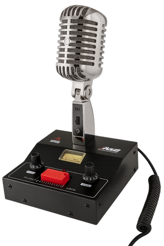 Delta Electronics M2‑Black desk mic with PTT switch, VU meter, and 4‑pin coil cord
