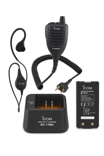 Icom handheld radio accessories including earpieces, microphones and chargers