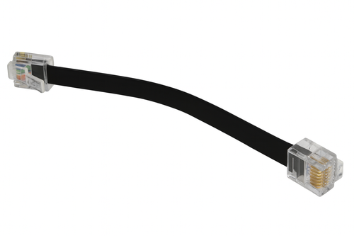 Flat black RJ11 cable with connectors at both ends on white background