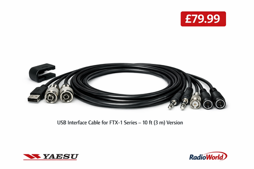 Yaesu SCU‑66L USB Interface Cable for FTX‑1 Series Radios – 10 ft (3 m) Version, featuring coiled black cable with USB Type‑A and PL‑259 connectors – Radioworld UK £79.99.
