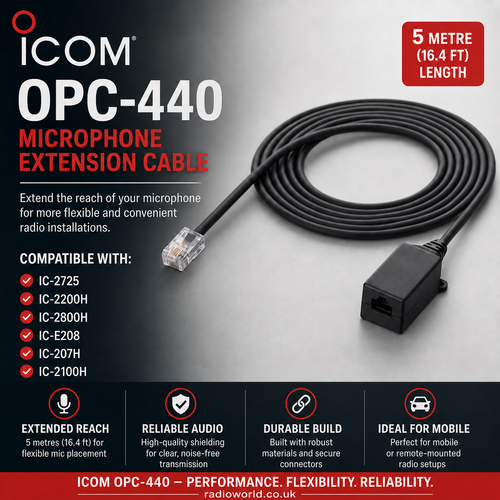 Icom OPC‑440 5‑metre microphone extension cable with durable shielding for Icom mobile radios – Radioworld UK