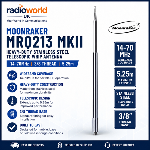 Moonraker MRQ213 MKII heavy‑duty stainless steel telescopic whip antenna 14–70MHz 3/8 thread 5.25m – Radioworld UK