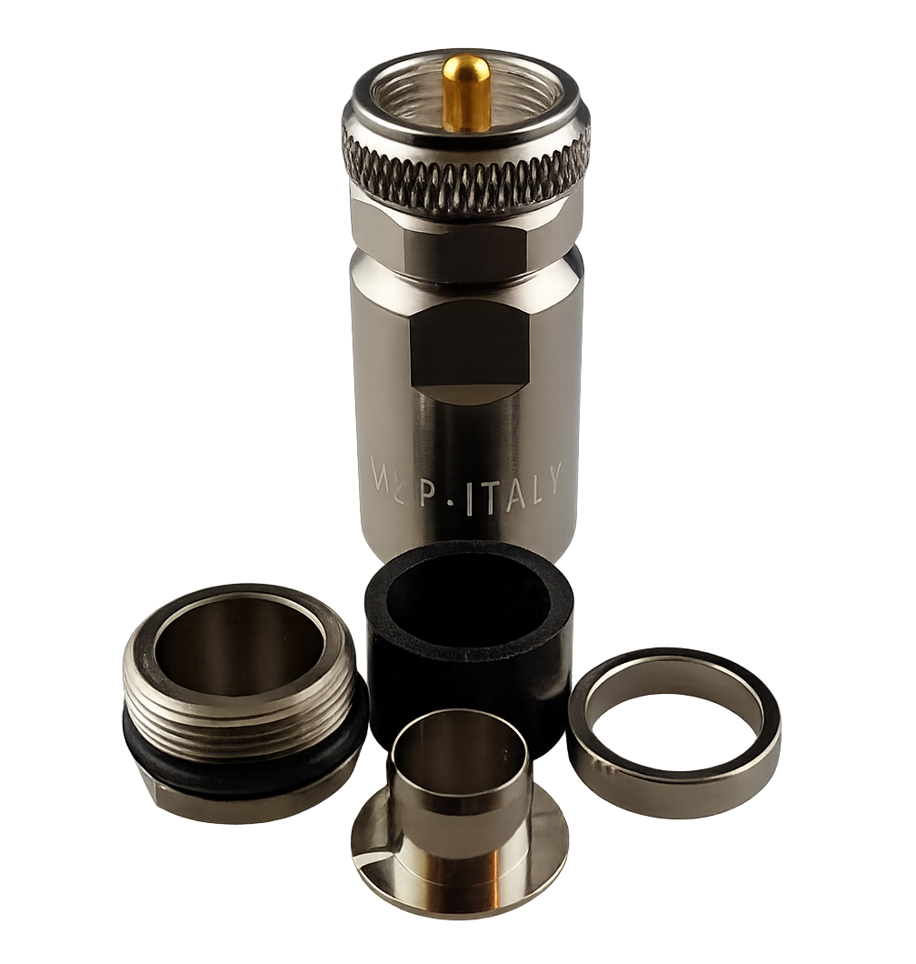PL-259 coax connector for Ultraflex 13 cable with precision-machined components by M&P Italy, disassembled view on white background
