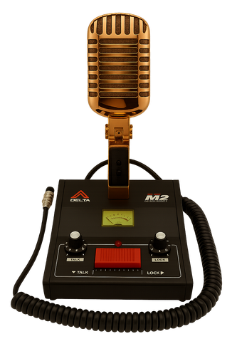 Delta M2‑Gold amplified dynamic desk microphone with rose gold grille and black control base – Radioworld UK