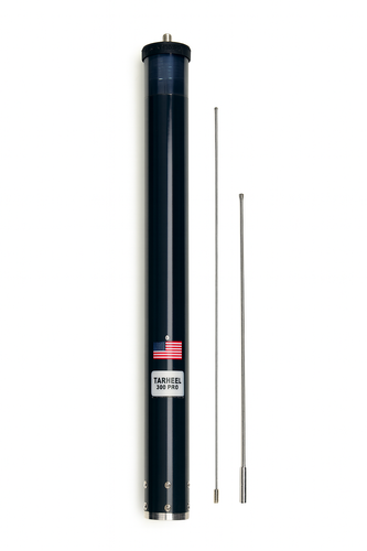 Tarheel 300 PRO motorised HF antenna with two stainless steel whip elements on white background