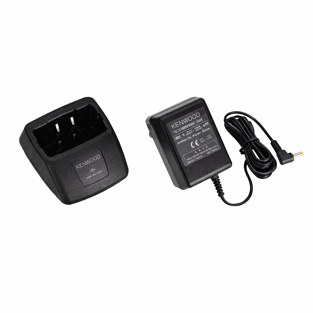 “Kenwood UBC‑4 single‑slot charger with AC power adapter for handheld radios”