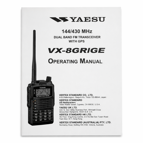 Front cover of Yaesu VX‑8GRIGE Operating Manual showing handheld transceiver and title text