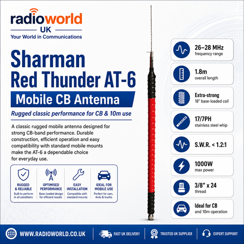 Sharman Red Thunder AT‑6 Mobile CB Antenna (26–28 MHz, 1.8m, 3/8" x 24 thread, base‑loaded coil)