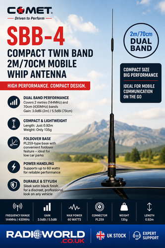 "Comet SBB‑4 compact twin‑band 2m/70cm mobile whip antenna 0.92m satin black – Radioworld UK"